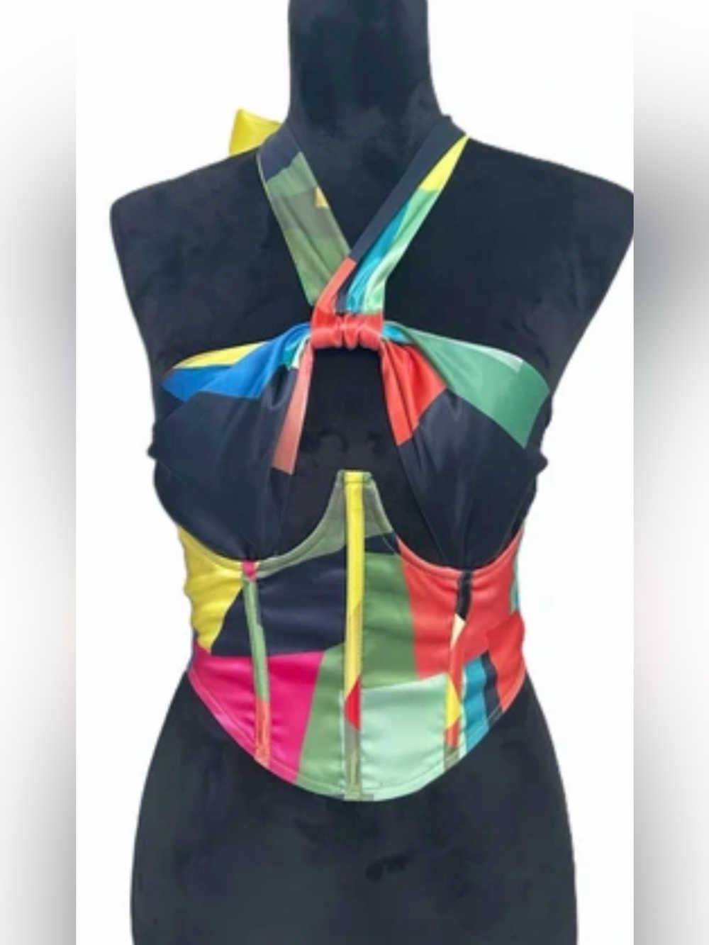 Akira Abstract Print Halter Corset‎ Top Size Small - Cutout Bust Peekaboo Detail